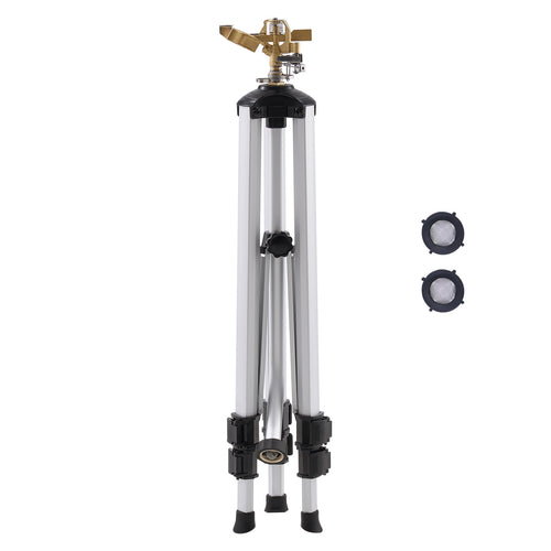 Folded tripod sprinkler with brass impact head and two round inlet filters shown on a white background