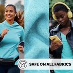 Triptych showing active woman, teal fabric close-up, and person with headphones with 'Safe on all fabrics' label