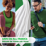 Triptych lifestyle image showing active woman, white towel, and man in green sweater with overlay text ‘Safe on all fabrics’ in English and Spanish