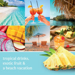 Colorful collage of tropical scenes and fruit with pineapple slices and text describing tropical drinks and a beach vacation.