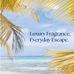 Ocean view with palm fronds framing the scene and text reading ‘Luxury Fragrance. Everyday Escape.’