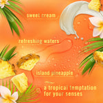 Orange infographic with pineapple pieces, a cream splash and text listing 'sweet cream', 'refreshing waters', 'island pineapple'.