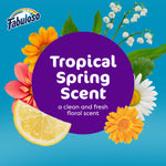 Graphic circle reading Tropical Spring Scent surrounded by lemon slice and assorted flowers with Fabuloso logo