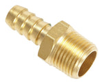 Angled view of a brass 3/8 NPT male hose barb fitting showing threaded male end and ribbed hose tail.