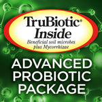 TruBiotic Inside oval logo over green molecular background with text advertising an advanced probiotic package