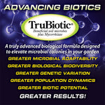Promotional TruBiotic graphic with molecular background and text highlighting greater microbial adaptability and results