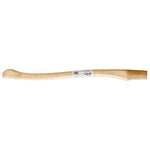 Curved wooden replacement axe handle laid flat with a product label at center against a white background