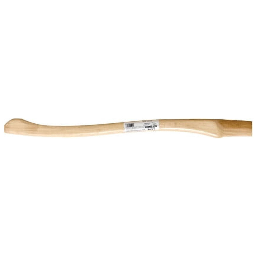 Curved light-wood replacement axe handle with a retail label attached at the center on a white background