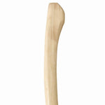Vertical view of a smooth, curved light-wood axe handle showing the shaped eye and tapered grip on white background