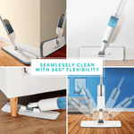 Collage of True & Tidy spray mop uses showing 360-degree swivel, under-furniture reach and angled cleaning positions