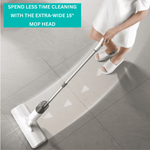 Overhead view of a person mopping tile with a True & Tidy spray mop highlighting the extra-wide 15-inch mop head