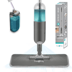 Close-up product image of a gray True & Tidy spray mop with refillable clear bottle and microfiber pad spraying liquid