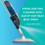 Close-up angle of a True & Tidy mop spraying liquid with text callout advertising a 15" mop head and 25" spray reach