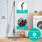 Product feature image showing full True & Tidy spray mop upright with dimensions, handle close-up, and stainless pole callout