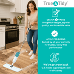 Person using True & Tidy spray mop on a kitchen floor alongside product benefits and brand badge on teal panel