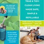 True & Tidy brand panel promoting refillable cleaning, natural ingredients and a family with a dog alongside a bottle graphic