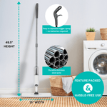 True & Tidy spray mop standing against a wall with height and width callouts and closeups of trigger and stainless pole in laundry room scene