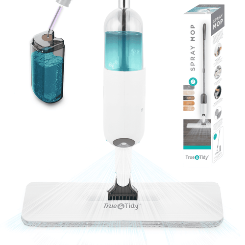 White True & Tidy spray mop with refillable bottle, microfiber pad and squeegee shown spraying liquid over pad with packaging inset