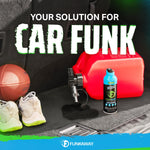 Car trunk scene with shoes, a football, a red gas can and a Funkaway aerosol can, with large text reading 'Your solution for CAR FUNK'.