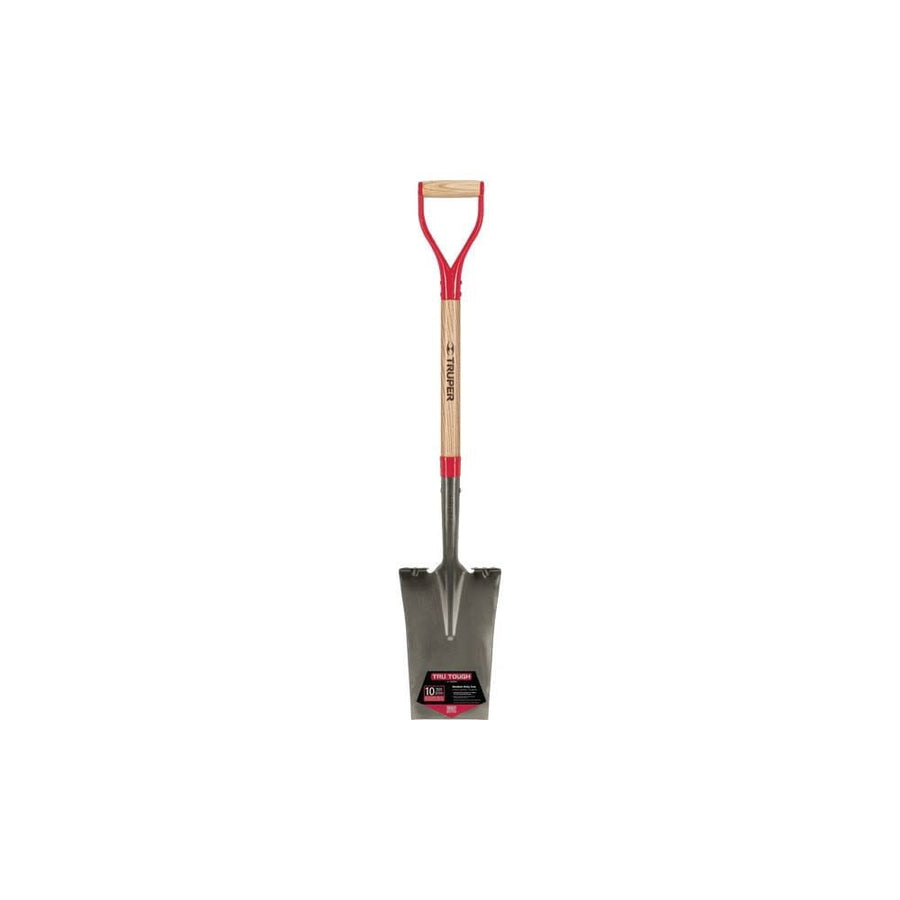 Truper D-handle garden spade with wooden shaft, red D-grip and square metal blade with label