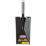 Close-up of TRUPER rectangular steel spade blade and lower shaft showing embossed logo and product label