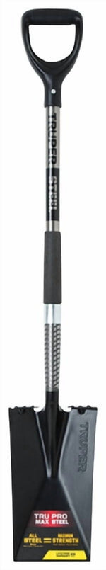 Full-length TRUPER steel garden spade with D-handle, textured shaft and black rectangular blade with product label