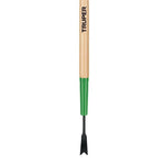 Close-up of Truper wooden handle showing brand name, green ferrule and narrow V-shaped steel weeder blade on white background.