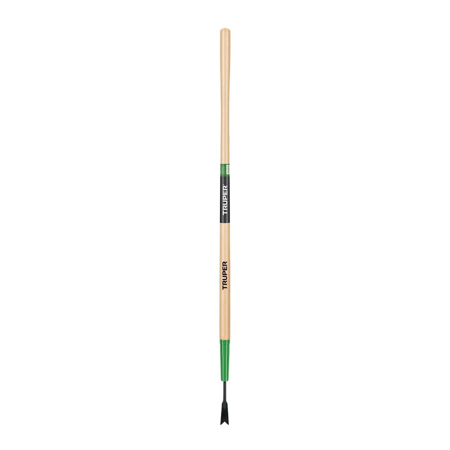 Full-length Truper wood-handled garden weeder with green ferrule and V-shaped steel blade on a white background.