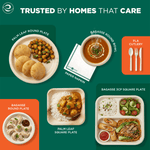 Top-down graphic of various eco-friendly disposable plates, bowl and napkin with a callout for PLA cutlery on a green background