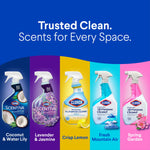 Promotional graphic showing multiple Clorox spray bottles in different scents with headline 'Trusted Clean. Scents for Every Space.'