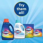 Promotional image with multiple Clorox2 product formats under a 'Try them all!' badge on a radial blue background