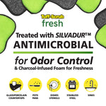 Brand graphic with scattered green and charcoal scrub pads and bold text stating antimicrobial for odor control plus usage icons