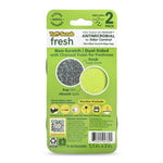 Back of Tuff-Scrub Fresh retail card showing product features, circular fabric close-ups, usage icons and barcode on green background