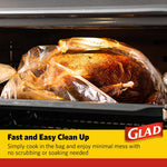 Roasted whole turkey cooking inside a clear oven bag in an oven, Glad logo panel at bottom