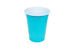 Single turquoise blue disposable plastic party cup shown upright with white interior and rim