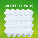 Cluster of white rectangular flushable cleaning pads arranged under large text '20 REFILL PADS' on a green background.