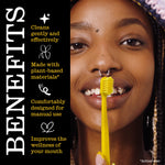 Portrait of a person holding a yellow toothbrush to their front teeth alongside a vertical benefits column listing product features.
