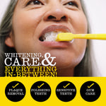 Close-up of a person brushing teeth with a yellow toothbrush and promotional icons and benefit text beneath the image.
