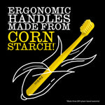Single yellow toothbrush on a black background with headline text proclaiming ergonomic handles made from corn starch.
