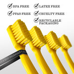 Four angled yellow toothbrush heads with icons and text listing BPA free, PFAS free, latex free, cruelty free and recyclable packaging.