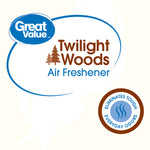 Graphic label reading 'Great Value Twilight Woods Air Freshener' with circular emblem stating it eliminates everyday odors