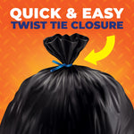 Close-up graphic of a twist-tied black trash bag top with arrow and 'Quick & Easy Twist Tie Closure' text