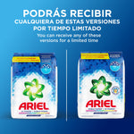 Two versions of Ariel detergent pouches shown side-by-side beneath bilingual limited-time message