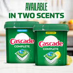 Two Cascade Complete green tubs side-by-side with 'Available in Two Scents' headline and a lemon graphic by one tub