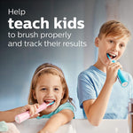 Two children brushing with Philips Sonicare kids electric toothbrushes in a bathroom with text about teaching kids to brush properly.