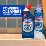 Two Clorox bathroom cleaner products displayed on a sink edge with text reading powerful cleaners one trusted brand