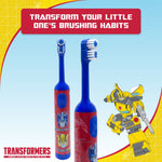 Two red and blue Equate Transformers toothbrush bodies side by side with a Bumblebee illustration and 'transform your little one's brushing habits' text