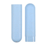 Two speckled light-blue cylindrical toothbrush case halves shown side by side against white background