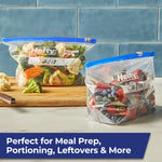 Two Hefty freezer slider bags filled with vegetables and berries on countertop with blue tile background