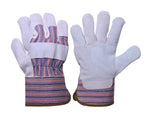 Two leather palm work gloves side-by-side showing full suede palms, reinforced patches and striped safety cuffs